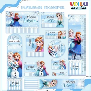 Etiqueta Escolar da Frozen para imprimir – etiquetas escolares com tema Frozen e personagens Elsa e Anna.