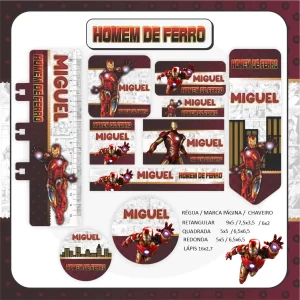 Etiqueta Escolar do Homem de Ferro – etiquetas escolares personalizadas com o herói Homem de Ferro para cadernos, livros e estojos.