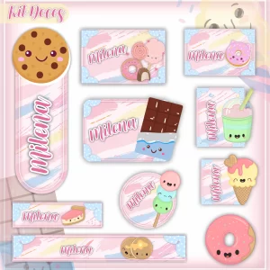 Etiqueta de Doces Para Imprimir – etiquetas escolares coloridas com tema de doces, cupcakes e balas para personalizar materiais.