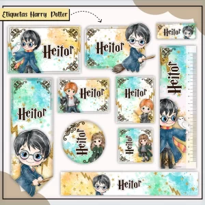 Etiquetas Escolares Personalizadas Harry Potter – etiquetas escolares com tema de Hogwarts e personagens da saga Harry Potter para personalizar materiais.