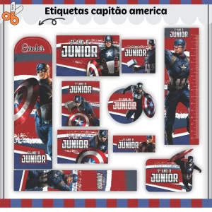 Etiquetas Escolares do Capitão América – etiquetas escolares com o super-herói Capitão América para personalizar materiais com coragem e estilo.
