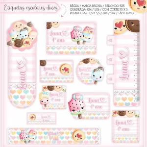Etiquetas Personalizadas Doces – etiquetas coloridas com tema de doces e confeitos para decorar e identificar materiais escolares.