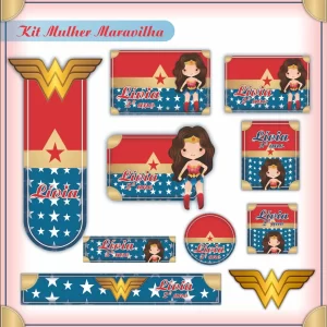 Etiquetas Personalizadas Mulher Maravilha – etiquetas escolares com a super-heroína Mulher Maravilha para personalizar materiais com força e estilo.