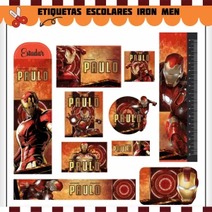 Homem de Ferro Etiqueta Escolar – etiquetas escolares personalizadas com o herói Homem de Ferro, para cadernos, livros e estojos.