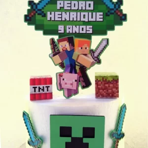 Topo de Bolo Minecraft Studio para festa de aniversário e decoração temática