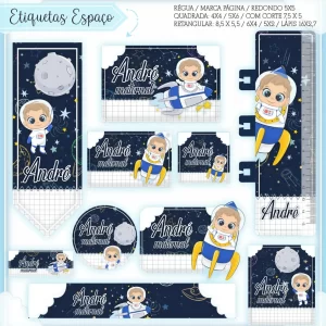 Volta às Aulas Etiqueta Astronauta PNG – etiquetas escolares espaciais para imprimir e personalizar materiais.