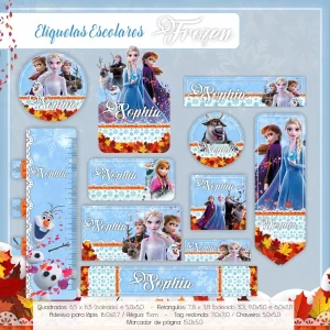 Volta às Aulas Etiqueta Caderno Frozen para imprimir – etiquetas escolares personalizadas com Elsa, Anna e Olaf.