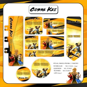 Volta às Aulas Etiqueta Cobra Kai – etiquetas escolares personalizadas com tema do universo Cobra Kai e cores vibrantes.