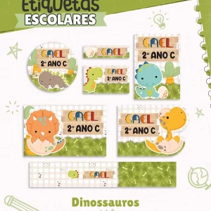Volta às Aulas Etiqueta Dinossauro para imprimir – etiquetas escolares com tema de dinossauros.