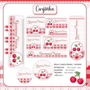 Volta às Aulas Etiqueta Escolar Cereja – etiquetas escolares com tema de cerejas para personalizar materiais com charme e cores vibrantes.