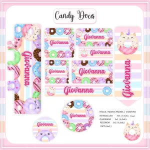 Volta às Aulas Etiqueta Escolar Donuts para imprimir – etiquetas escolares com tema divertido de donuts coloridos.