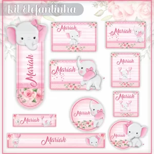 olta às Aulas Etiqueta Escolar Elefante para imprimir – etiquetas escolares com tema de elefante fofo.