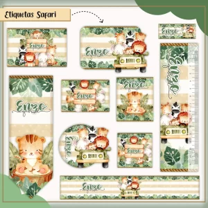 Volta às Aulas Etiqueta Escolar Safari – etiquetas escolares com tema de safari e animais da selva para personalizar materiais.