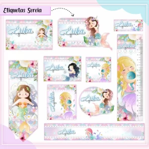 Arquivo Volta às Aulas Etiqueta Escolar Sereia PNG – etiquetas escolares com ilustrações de sereias para personalizar materiais com magia e cores vibrantes.