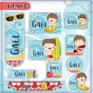 Volta às Aulas Etiqueta Escolar Surf – etiquetas escolares com tema surf para personalizar materiais com estilo praiano e aventureiro.