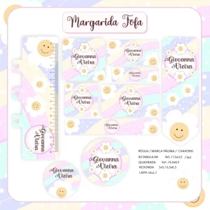 Volta às Aulas Etiqueta Margarida – etiquetas escolares para imprimir com tema floral alegre e delicado.