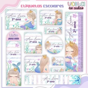 Volta às Aulas Etiqueta Sereia para imprimir – etiquetas escolares com tema de sereia colorida e divertida.