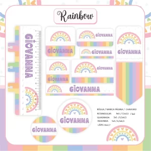 Volta às Aulas Etiqueta Tema Arco-Íris – etiquetas escolares coloridas com arco-íris e nuvens para personalizar materiais com alegria.