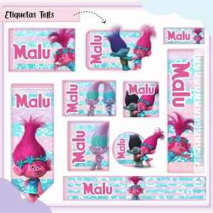 Arquivo Volta às Aulas Etiqueta Trolls – etiquetas escolares com os personagens do filme Trolls para identificar materiais com cor e alegria.