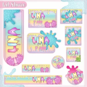 Volta às Aulas Etiquetas Escolares Slime – etiquetas escolares com tema de slime para personalizar materiais com cores e diversão.