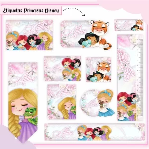 Volta às Aulas Princesas Etiqueta Escolar – etiquetas escolares personalizadas com tema das princesas Disney para cadernos, livros e estojos.