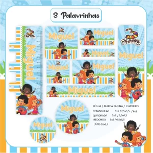 Arquivo Volta às Aulas Etiqueta 3 Palavrinhas – etiquetas escolares com personagens do 3 Palavrinhas para imprimir e identificar materiais.