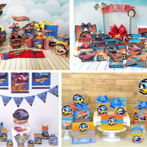4 Kit Digital Arquivo de Corte Hot Wheels para convites, enfeites de mesa e topo de bolo de aniversário infantil.