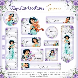Arquivo Etiqueta Escolar Jasmine para imprimir – etiquetas escolares personalizadas com tema da princesa Jasmine.