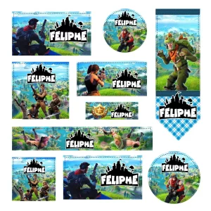 Arquivo Volta às Aulas Etiqueta Fortnite para imprimir – etiquetas escolares personalizadas com tema do jogo Fortnite.