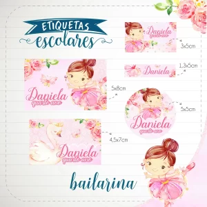 Etiqueta Escolar Bailarina para imprimir – etiquetas escolares personalizadas com tema bailarina em Studio e PDF.