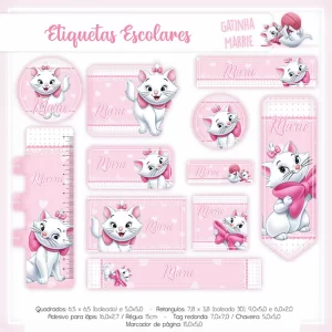 Etiqueta Escolar Gata Marie para imprimir – etiquetas escolares personalizadas com tema Gata Marie em Studio e PDF.