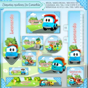 Etiqueta Escolar Leo o Caminhão para imprimir – etiquetas escolares personalizadas com tema do caminhão Leo.