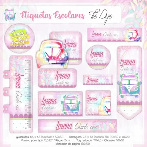 Etiqueta Escolar Tie Dye para imprimir – etiquetas escolares personalizadas com estilo Tie Dye em Studio e PDF.