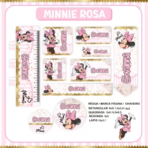 Etiquetas Escolares Minnie Rosa para imprimir – etiquetas escolares personalizadas com tema Minnie Mouse em tons de rosa.