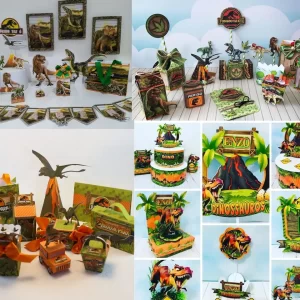 Coleção com quatro kits Jurassic Park em arquivo de corte para festas.