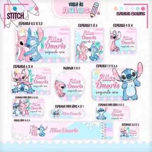 Volta às Aulas Etiqueta Stitch e Angel para imprimir – etiquetas escolares personalizadas com tema Stitch e Angel.