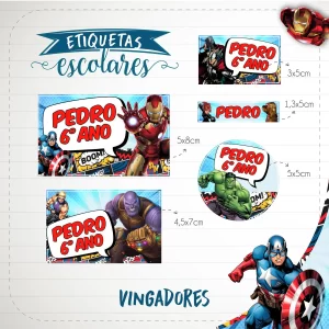 Volta às Aulas Etiqueta Caderno Vingadores para imprimir – etiquetas escolares personalizadas com tema dos Vingadores.