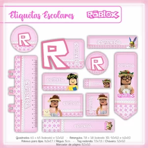 Volta às Aulas Etiqueta Roblox Menina para imprimir – etiquetas escolares personalizadas com tema Roblox para meninas.
