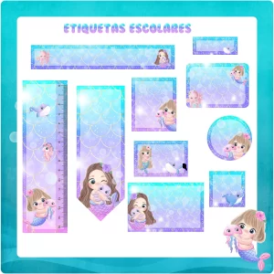 Etiqueta Escolar Volta às Aulas Sereia para imprimir – etiquetas escolares personalizadas com tema sereia em Studio.