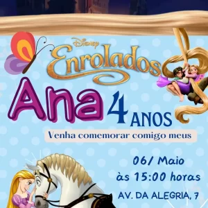 Convite Virtual Animado Enrolados em Vídeo MP4 – convite digital encantador inspirado na Princesa Rapunzel, com animações mágicas e toque de conto de fadas.