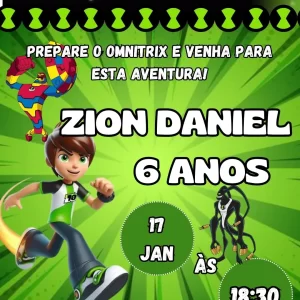Convite Animado Ben 10 em Vídeo MP4 – vídeo convite digital inspirado no personagem Ben 10, ideal para festas infantis cheias de aventura e emoção.