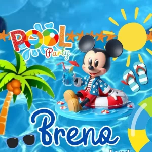 Convite Animado Mickey Pool Party em Vídeo MP4 – convite digital divertido e tropical com o Mickey e seus amigos em uma festa na piscina.