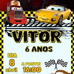 Convite Virtual Animado Carros Disney em Vídeo MP4 – convite digital divertido com Relâmpago McQueen e seus amigos para uma festa cheia de velocidade.