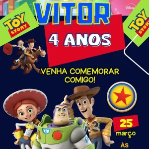 Convite Virtual Animado Toy Story em Vídeo MP4 – convite digital divertido com Woody, Buzz Lightyear e toda a turma para uma festa cheia de aventura.