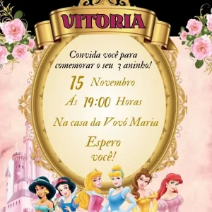 Convite Virtual Animado Princesas Disney – convite digital com vídeo animado, repleto de magia e personagens clássicas das Princesas Disney.