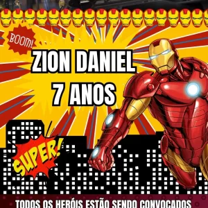 Convite Animado Homem de Ferro MP4 – vídeo convite digital inspirado no herói da Marvel, ideal para festas infantis com tema de super-heróis.