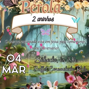Convite Animado Bosque Encantado Menina – vídeo convite digital delicado com tema natureza e fadas, ideal para festas infantis cheias de magia.
