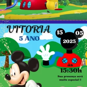 Convite Animado A Casa do Mickey Mouse em Vídeo MP4 – convite virtual divertido com Mickey, Minnie, Donald e Pateta em um cenário colorido e animado.