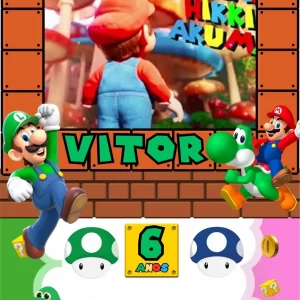 Convite Virtual Animado Super Mario Bros – convite digital infantil inspirado no famoso jogo para aniversários temáticos cheios de diversão.