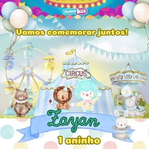 Convite Animado Circo Azul em Vídeo MP4 – vídeo convite digital com tema circo azul, ideal para festas infantis divertidas e coloridas.